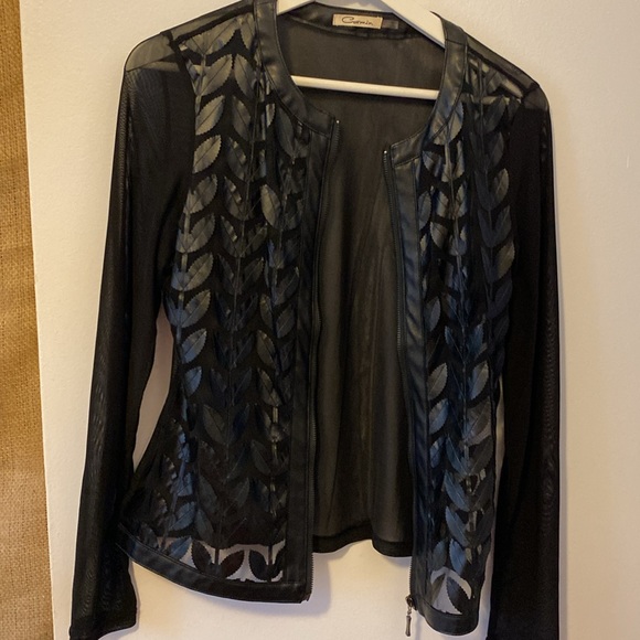 Black light tulle and vegan leather zipped jacket - Picture 4 of 7